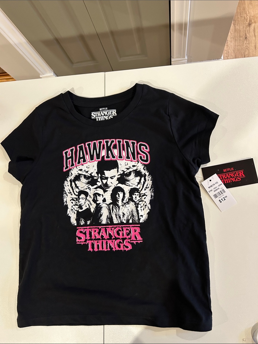 Netflix Stranger Things Hawkins Graphic Tee - Black with Pink & White Print